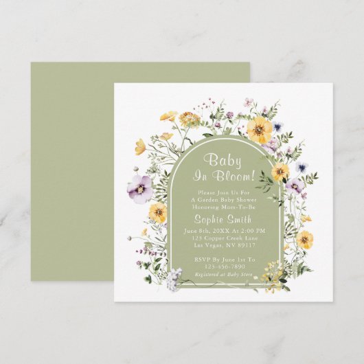 Sage Green Tea Party Baby in Bloom Baby shower Kaart (Voorkant / Achterkant)