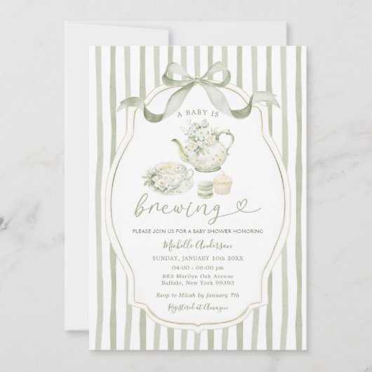 Sage Green Tea Party Baby Shower Stripe Invitation Kaart (Voorkant)