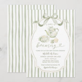 Sage Green Tea Party Baby Shower Stripe Invitation Kaart (Voorkant / Achterkant)