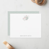 Sage Green Teapot & Tea Cup Stationery Note Kaart Notitiekaartje (Voorkant / Achterkant in situ)