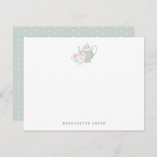 Sage Green Teapot & Tea Cup Stationery Note Kaart Notitiekaartje (Voorkant / Achterkant)
