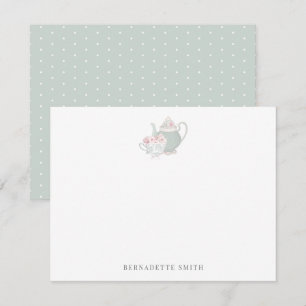 Sage Green Teapot & Tea Cup Stationery Note Kaart Notitiekaartje