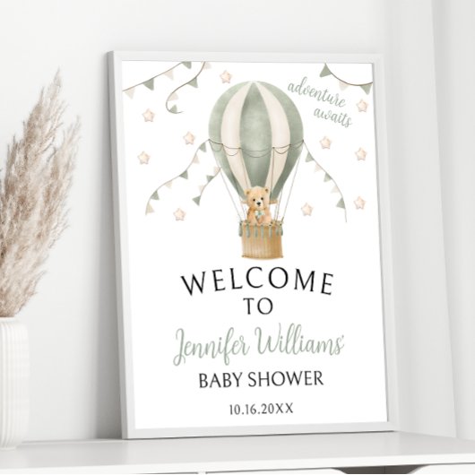 Sage Green Teddy Balloon Baby shower Welkomstbord Poster
