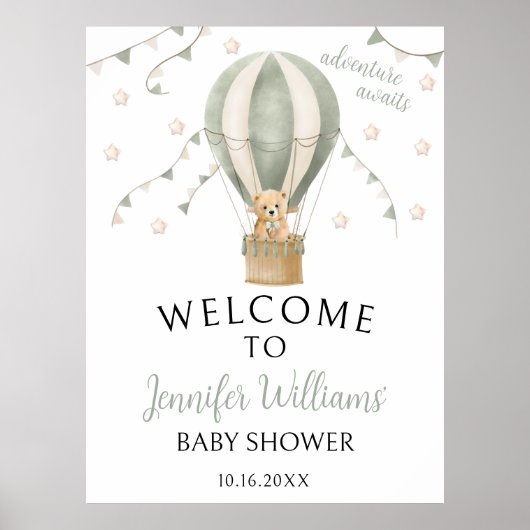 Sage Green Teddy Balloon Baby shower Welkomstbord Poster (Voorkant)