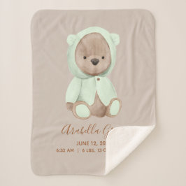 Sage Green Teddy Bear Baby Birth Stats Sherpa Deken