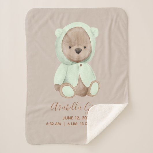 Sage Green Teddy Bear Baby Birth Stats Sherpa Deken (Voorkant)