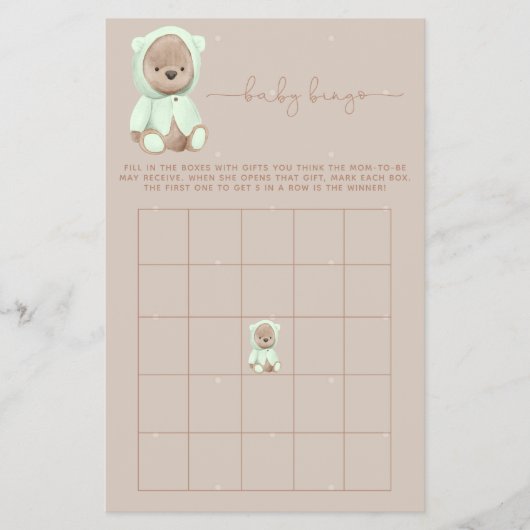 Sage Green Teddy Bear Baby shower Bingo Flyer (Voorkant)