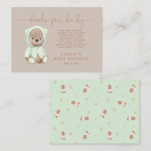 Sage Green Teddy Bear Baby shower Book Request Req Informatiekaartje (Voorkant / Achterkant)