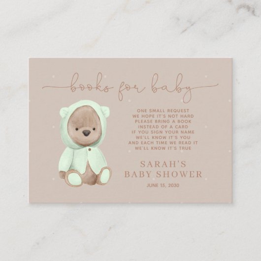 Sage Green Teddy Bear Baby shower Book Request Req Informatiekaartje (Voorkant)