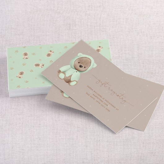 Sage Green Teddy Bear Baby shower Gift Registry Visitekaartje