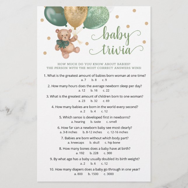 Sage Green Teddy Bear Baby Trivia Game Baby shower (Voorkant)