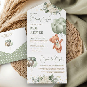 Sage Green Teddy Bear Ballonnen Floral Baby shower All In One Uitnodiging