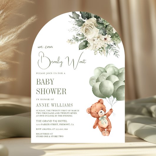 Sage Green Teddy Bear Ballonnen Floral Baby shower Kaart