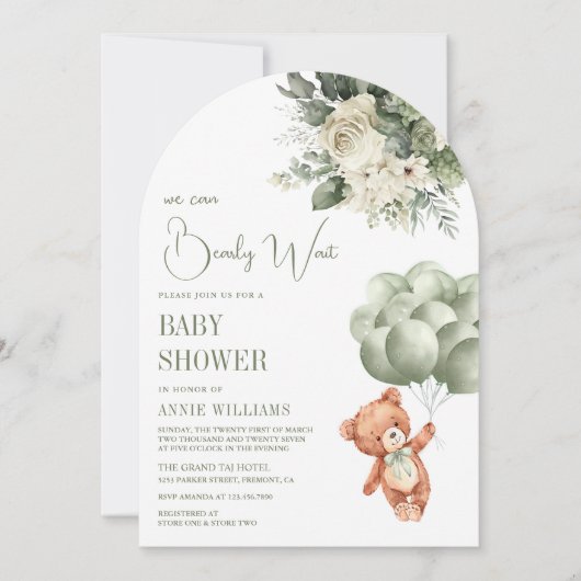Sage Green Teddy Bear Ballonnen Floral Baby shower Kaart (Voorkant)