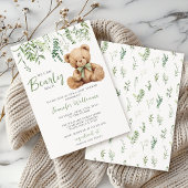 Sage Green Teddy Bear Bow Greenery Baby Boy Shower Kaart