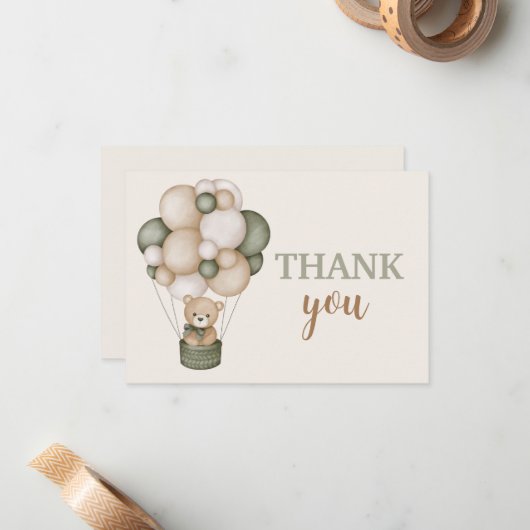 Sage Green Teddy Bear dank u Notitiekaartje (Voorkant / Achterkant in situ)