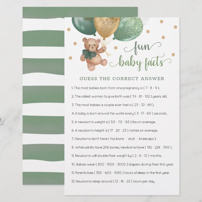 Sage Green Teddy Bear Fun Baby Facts Game (Voorkant / Achterkant)