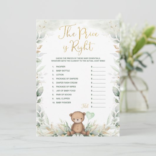 Sage Green Teddy Bear raadt het juiste prijsspel Kaart (Staand voorkant)