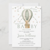 Sage Green Teddy Hete Luchtballon Baby Boy Douche Kaart (Voorkant)