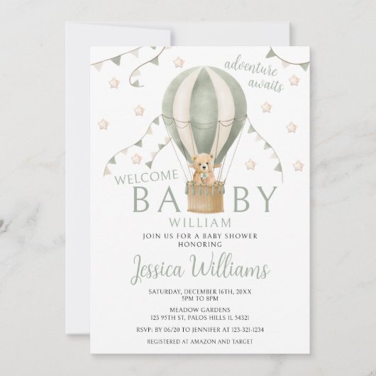 Sage Green Teddy Hete Luchtballon Baby Boy Douche Kaart