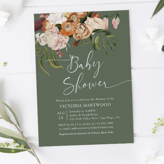 Sage Green Terracotta Boho Florals Baby shower Kaart