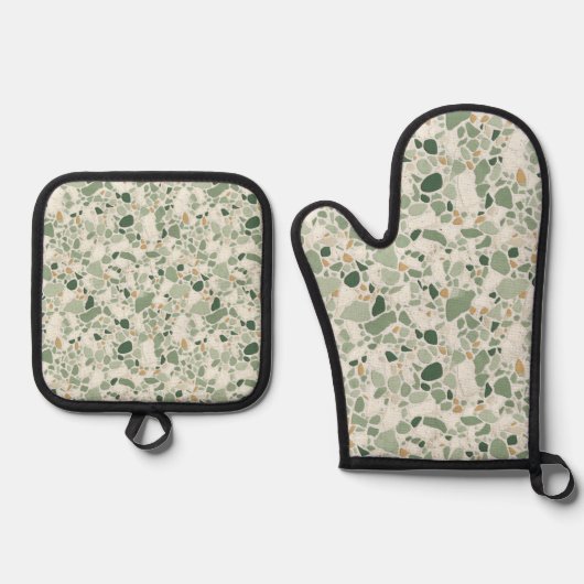 Sage Green Terrazzo Effect Keuken Ovenwant & Pannenlap Set (Voorkant)