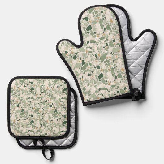 Sage Green Terrazzo Effect Keuken Ovenwant & Pannenlap Set (Voorkant / Achterkant)