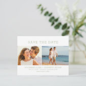 Sage Green Text 3 Foto Weddenschap Save the Date Aankondigingskaart (Staand voorkant)