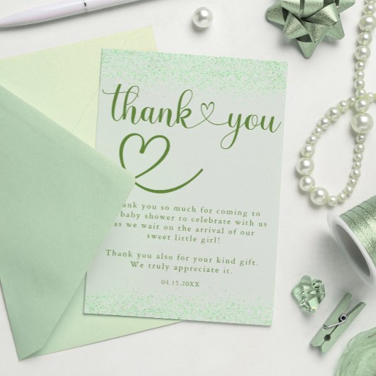 Sage Green Thank You Heart Confetti Script Bedankkaart