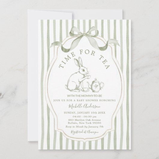 Sage Green Time for Tea Rabbit Invitation Kaart (Voorkant)