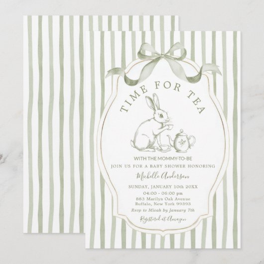 Sage Green Time for Tea Rabbit Invitation Kaart (Voorkant / Achterkant)