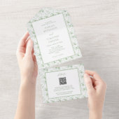 Sage Green Toile Bloemen Classic Wedding All In One Uitnodiging (Afscheurbaar)