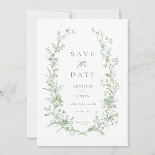 Sage Green Toile  Bloemen Huwelijk Save The Date (Voorkant)