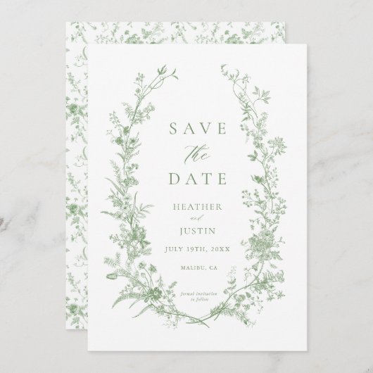Sage Green Toile  Bloemen Huwelijk Save The Date (Voorkant / Achterkant)