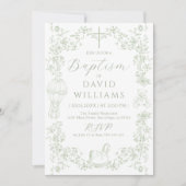 Sage Green Toile Boy Doop Elegant Digitaal Kaart (Voorkant)