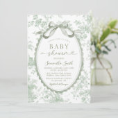 Sage Green Toile Chinoiserie Bow Baby Shower Kaart (Staand voorkant)