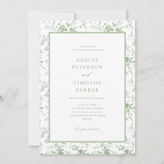 Sage Green Toile Classic Floral Wedding Kaart (Voorkant)