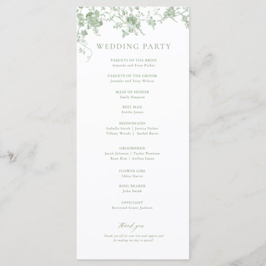 Sage Green Toile Classic Floral Wedding Programmakaart (Achterkant)