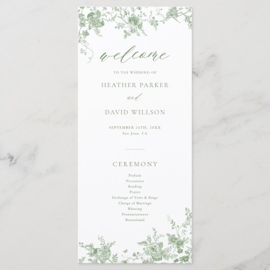 Sage Green Toile Classic Floral Wedding Programmakaart (Voorkant)