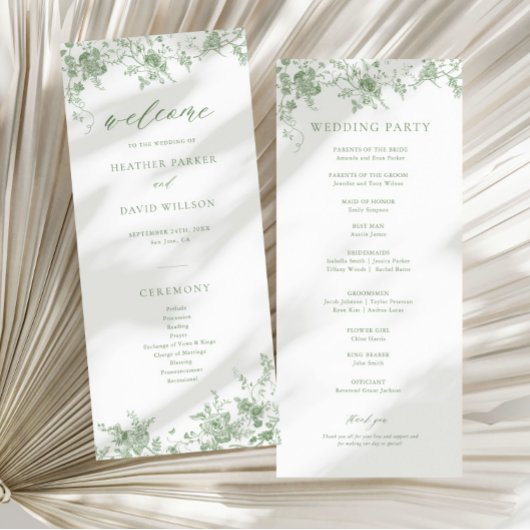 Sage Green Toile Classic Floral Wedding Programmakaart