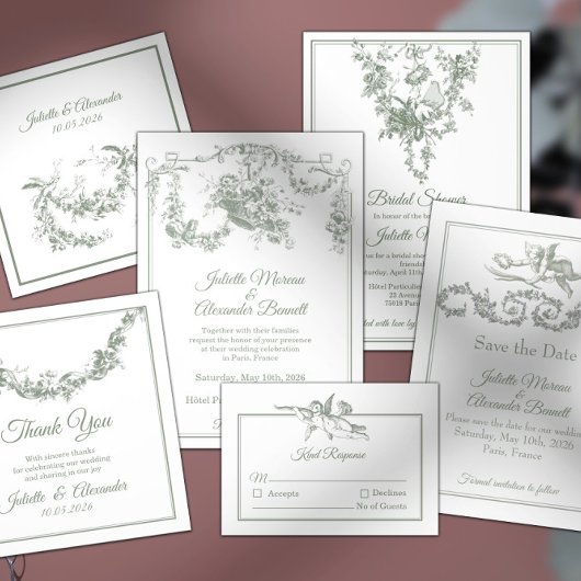 Sage Green Toile de Jouy Paris Wedding Invitation