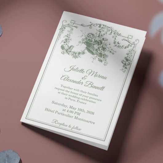 Sage Green Toile de Jouy Paris Wedding Invitation