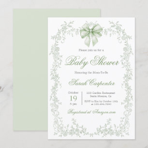 Sage Green Toile en Bow Baby shower Kaart