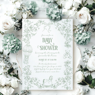 Sage Green Toile Floral Bow Beer Baby shower Kaart