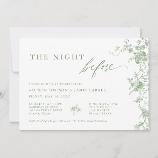 Sage Green Toile Floral bruiloft repetitie diner Kaart (Voorkant)