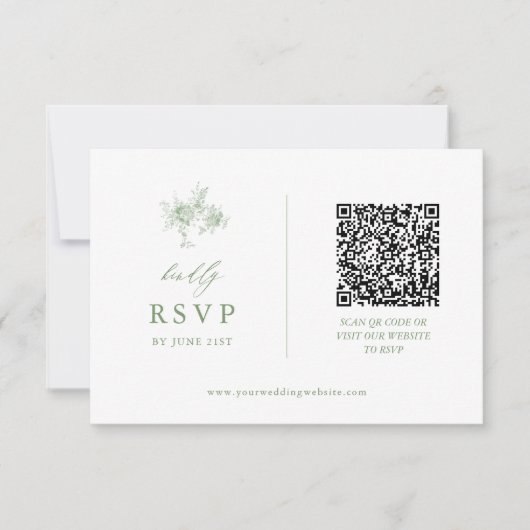 Sage Green Toile Floral Wedding QR-code RSVP Kaartje (Voorkant)