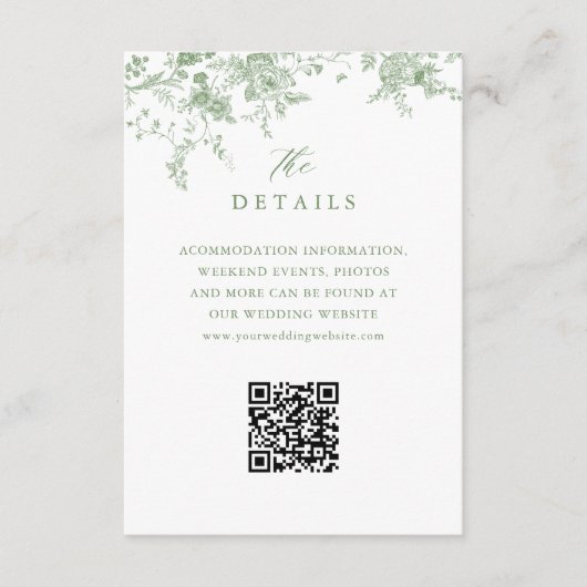 Sage Green Toile Franse Bloemen Trouwdetails QR Informatiekaartje (Voorkant)