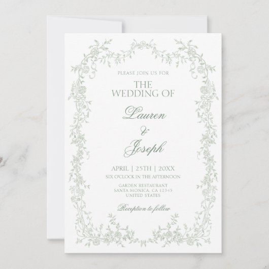 Sage Green Toile Huwelijksuitnodiging Kaart (Voorkant)
