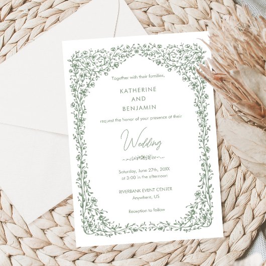 Sage Green Toile Wedding Invitation Kaart