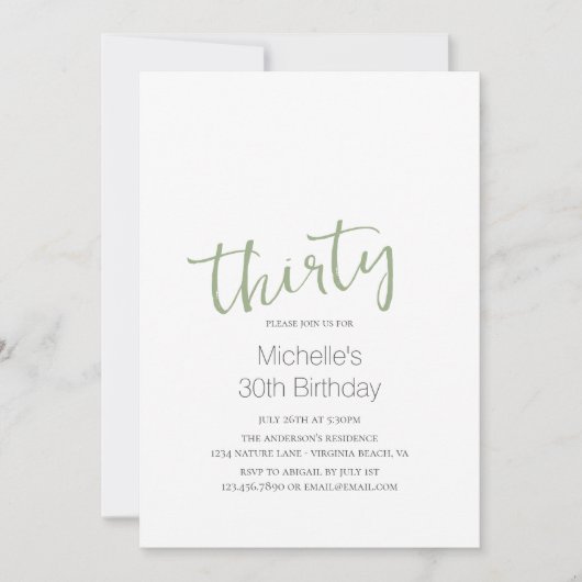 Sage Green Trendy Modern minimalist 30th Birthday Kaart (Voorkant)